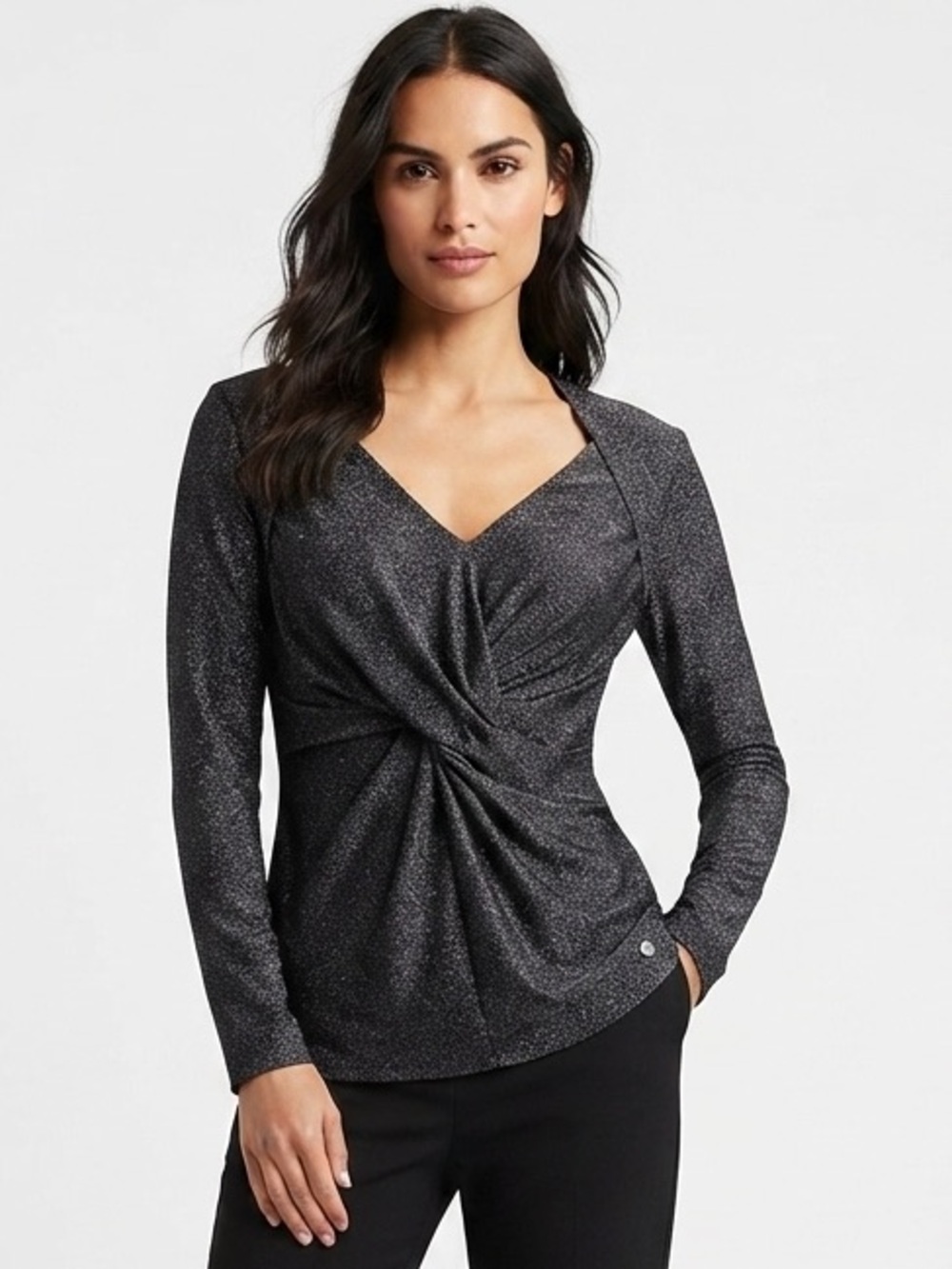 Ted Baker London Eloisy Black Glitter Metallic Wrap Front Long Sleeve Top Size 6